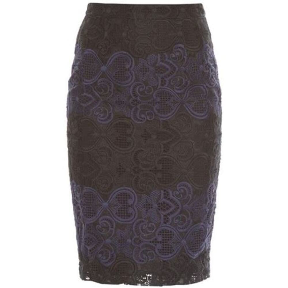 A.L.C Black Blue Embroidered Indian Silk Pencil Skirt Size 0